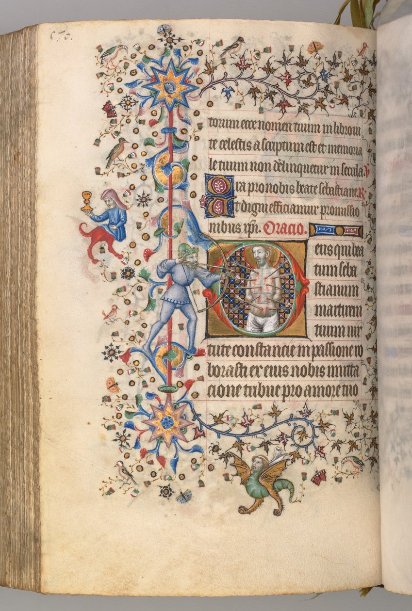 Timer for Karl den adelige, konge av Navarra 1361-1425, fol. 279v, St. Sebastian, ca. 1405. av Master of the Brussels Initials and Associates
