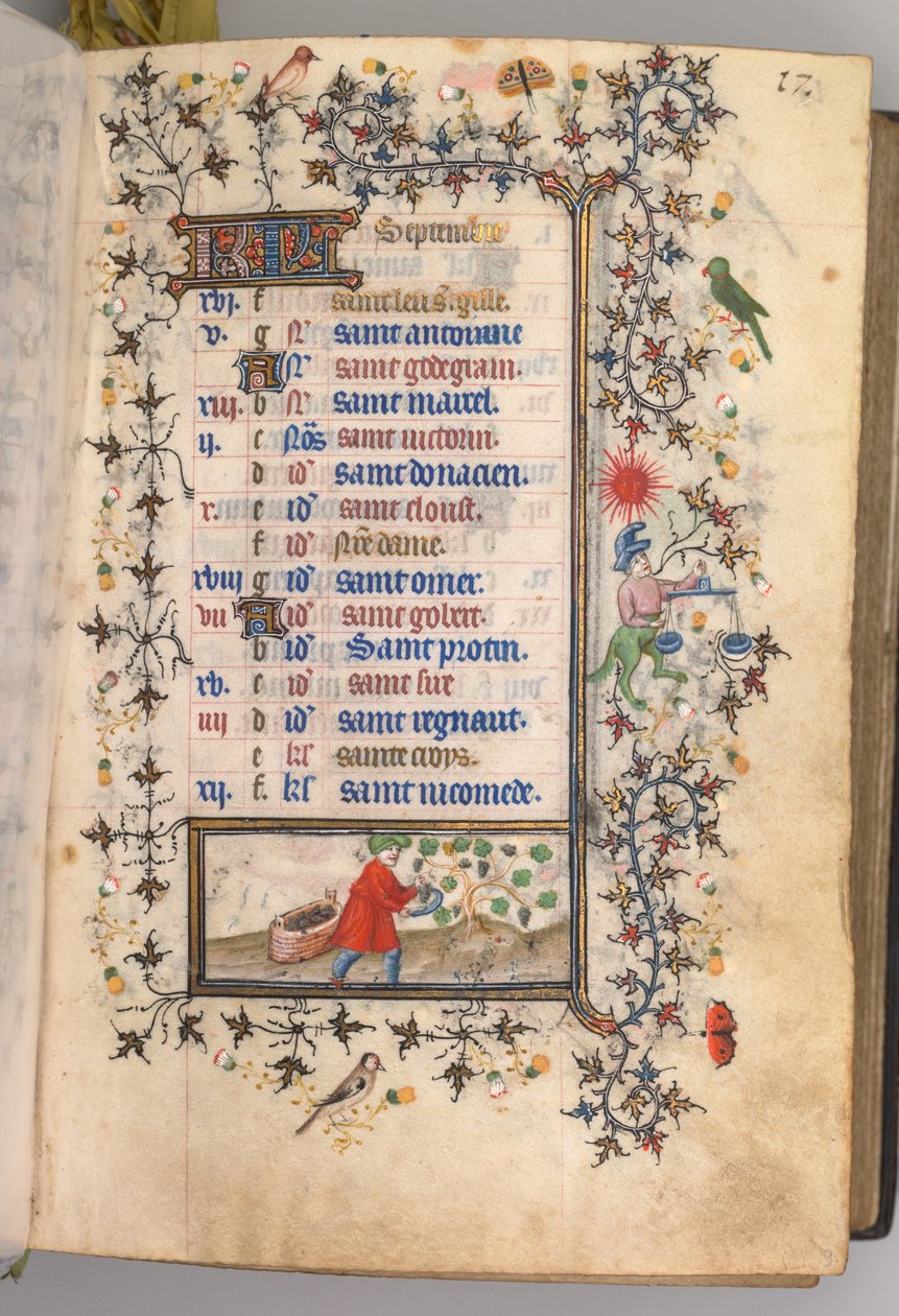Timer for Karl den adelige, konge av Navarra 1361-1425: fol. 9r, september, ca. 1405. av Master of the Brussels Initials and Associates