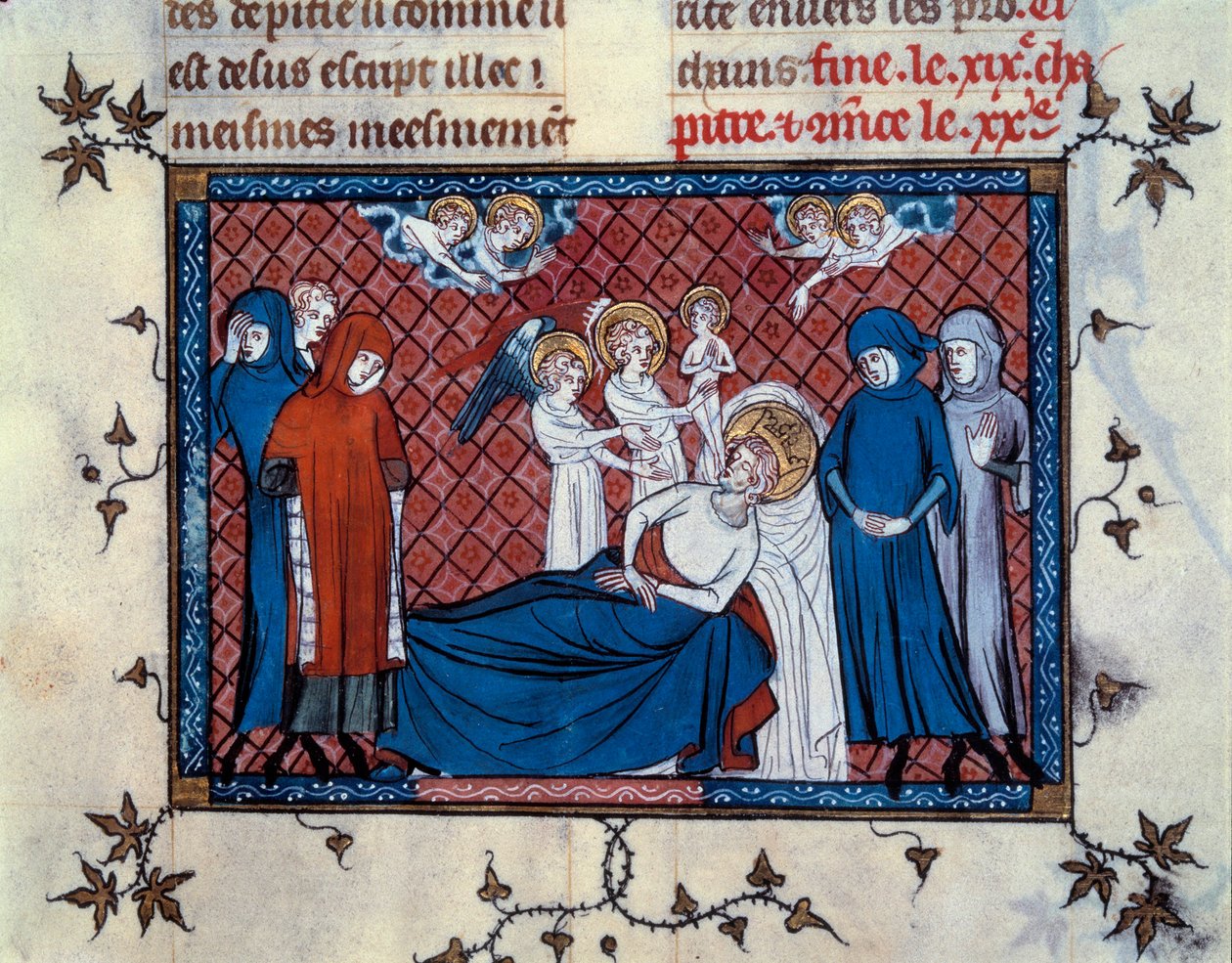 Saint Louis død i Tunis 25. august 1270. miniatyr fra manuskriptet "Life and Miracles of Saint Louis"" (side 277), belyst av Mahiet og skrevet av William av Saint-Pathus av Master of the Cambrai Missal Mahiet