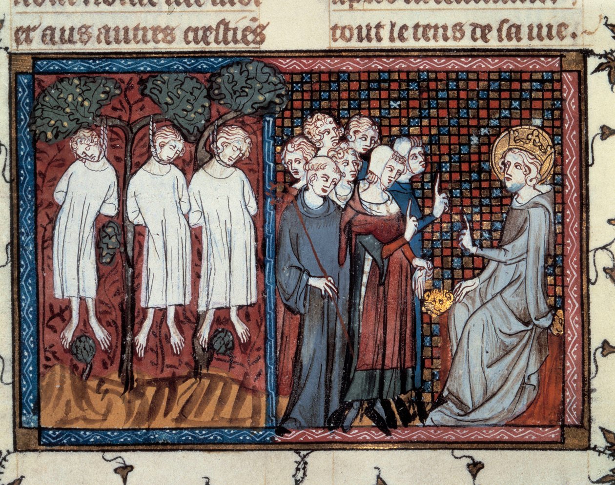 Henrettelser beordret av Enguerrand IV de Coucy. Louis IX yter rettferdighet. Miniatyr av Mahiet i "" Life and miracles of Saint Louis""", manuskript av Guillaume De Saint Pathus av Master of the Cambrai Missal Mahiet