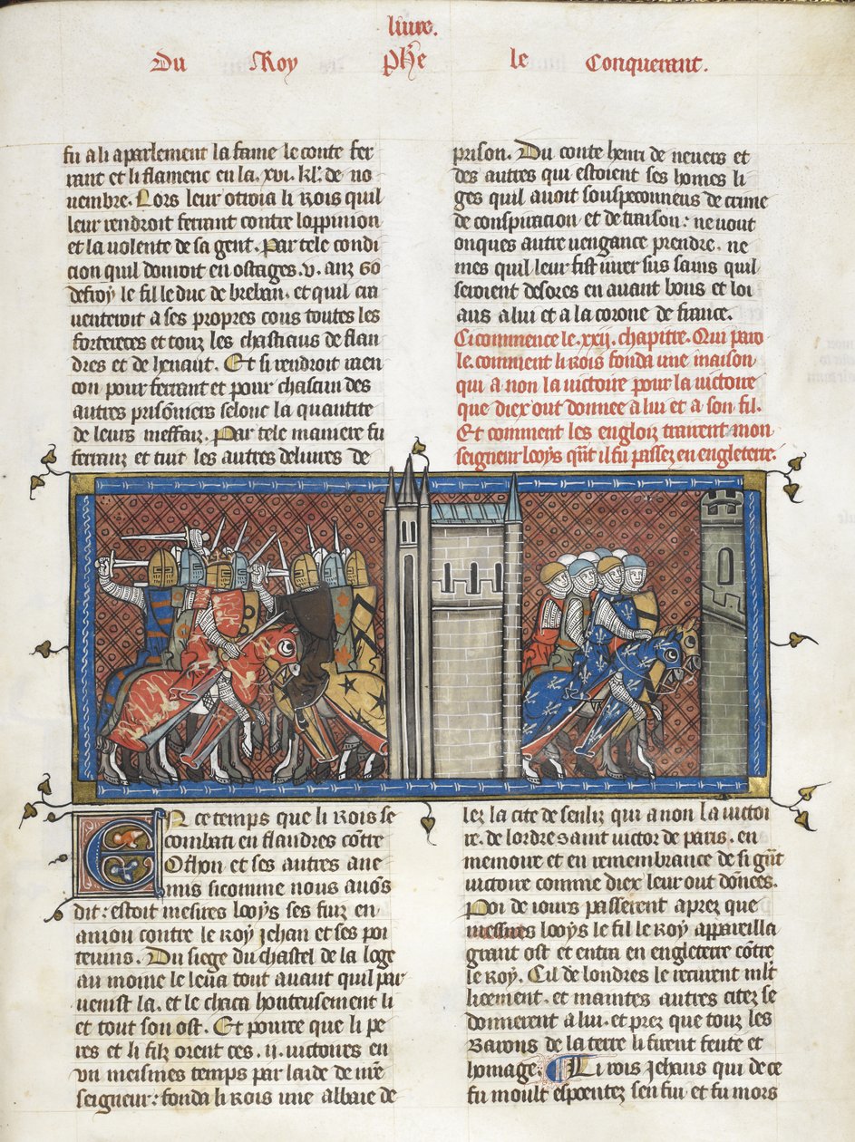 Royal 16 G. VI f.385 Et slag med John, konge av England, og Louis VIII på marsj, fra 