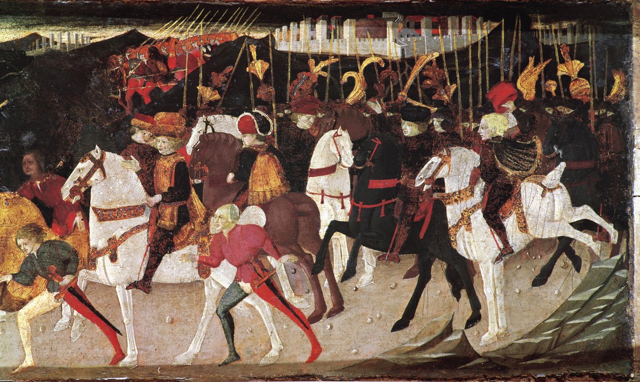 Decameron de Boccaccio (Jean Boccaccio): historie om Alatiel, datter av sultanen av Babylon Beminedab, detalj som representerer ryttere og sider (Historien om Alatiel datter av Beminedab, Sultanen av Babylon, ryttere og sider) (7. nyheter fra den andre dag av Master of the Cassoni