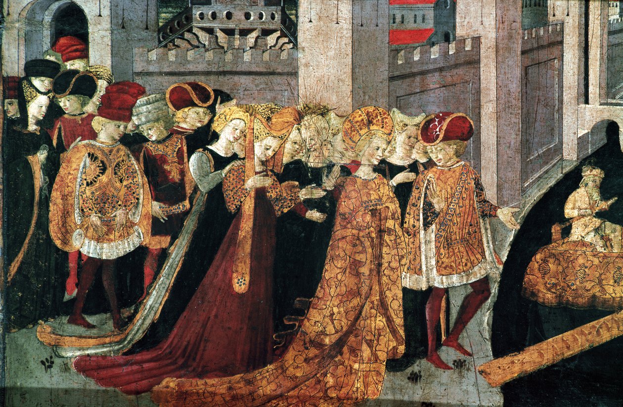 Decameron de Boccaccio (Jean Boccaccio): Chatelain Pericone ønsker Alatiel, datter av sultanen av Babylon Beminedab og hennes suite på øya Mallorca velkommen (Pericone da Visalgo ønsker Alatiel, datter av Beminedab, Sultanen av Babylon, velkommen på hei av Master of the Cassoni