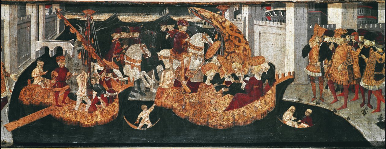 Decameron de Boccaccio (Jean Boccaccio): Chatelain Pericone ønsker Alatiel, datter av sultanen av Babylon Beminedab og hennes suite på øya Mallorca velkommen (Pericone da Visalgo ønsker Alatiel, datter av Beminedab, Sultanen av Babylon, velkommen på hei av Master of the Cassoni