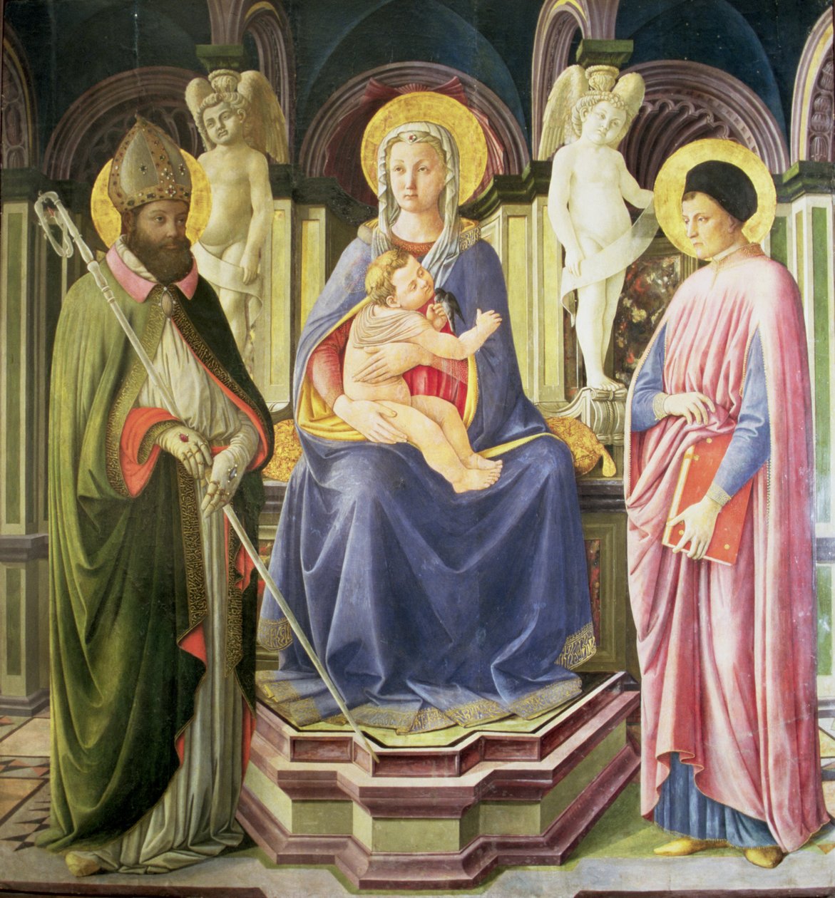 Madonnaen og barnet med SS. Clement og Justin, 1449-50 av Master of the Castello Nativity