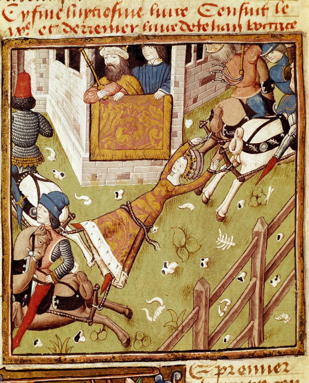 Brunehauts tortur: Brunehaut eller Brunehilde (543-613), fangen til Clotaire (Clothaire) II, blir revet i stykker av hester som trekker medlemmene fra hver side - Miniatyr av Mesteren til Damenes Mester fra manuskriptet "" Des hommes illustres """" 15 av Master of the Champion des Dames