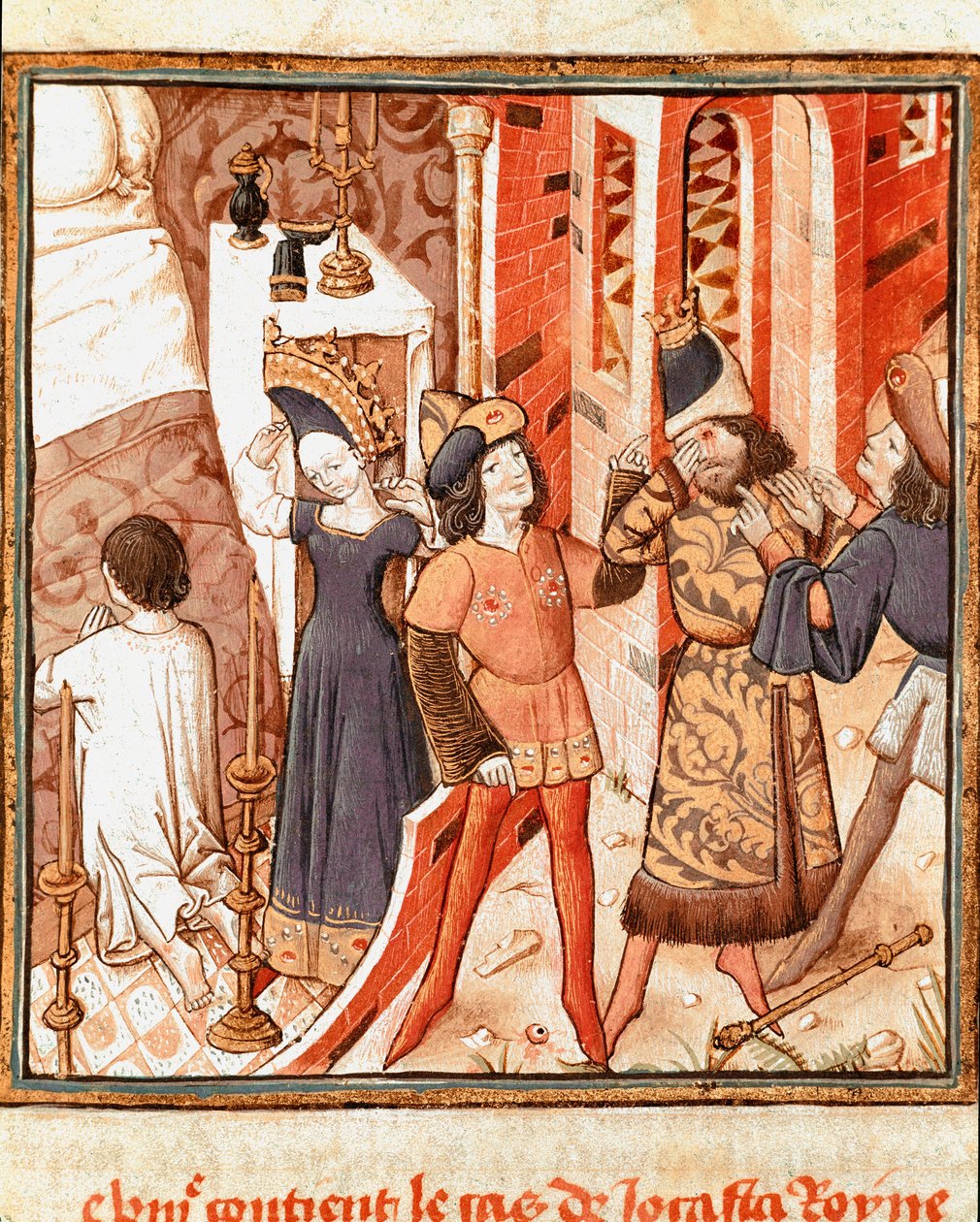 Legenden om Jocaste, dronningen av Theben. Ødipus, blind, etter å ha innsett å drepe sin egen far Miniatyr av Mesteren av Damenes Mester (1400-tallet) fra manuskriptet "" Des hommes illustres"" av Giovanni Boccaccio (Jean Boccaccio) (13 av Master of the Champion des Dames