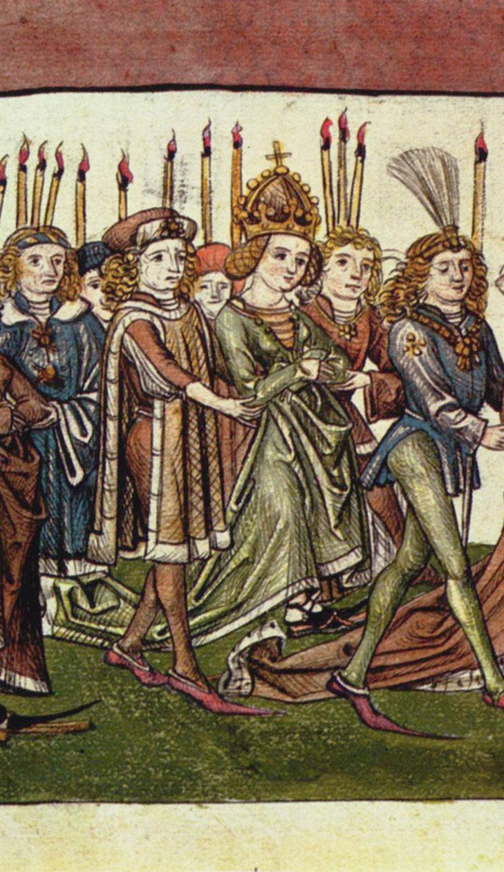 Dronning Elizabeth av Luxembourg. Detalj fra Richentals Illustrated Chronicle, ca. 1440 av Master of the Chronicle of the