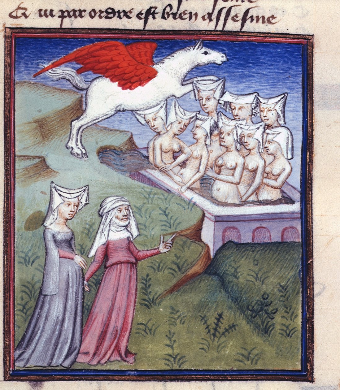 Harl 4431 fol.183 Ni muser som bader, fra de samlede verkene til Christine de Pisan av Master of the Cité des Dames