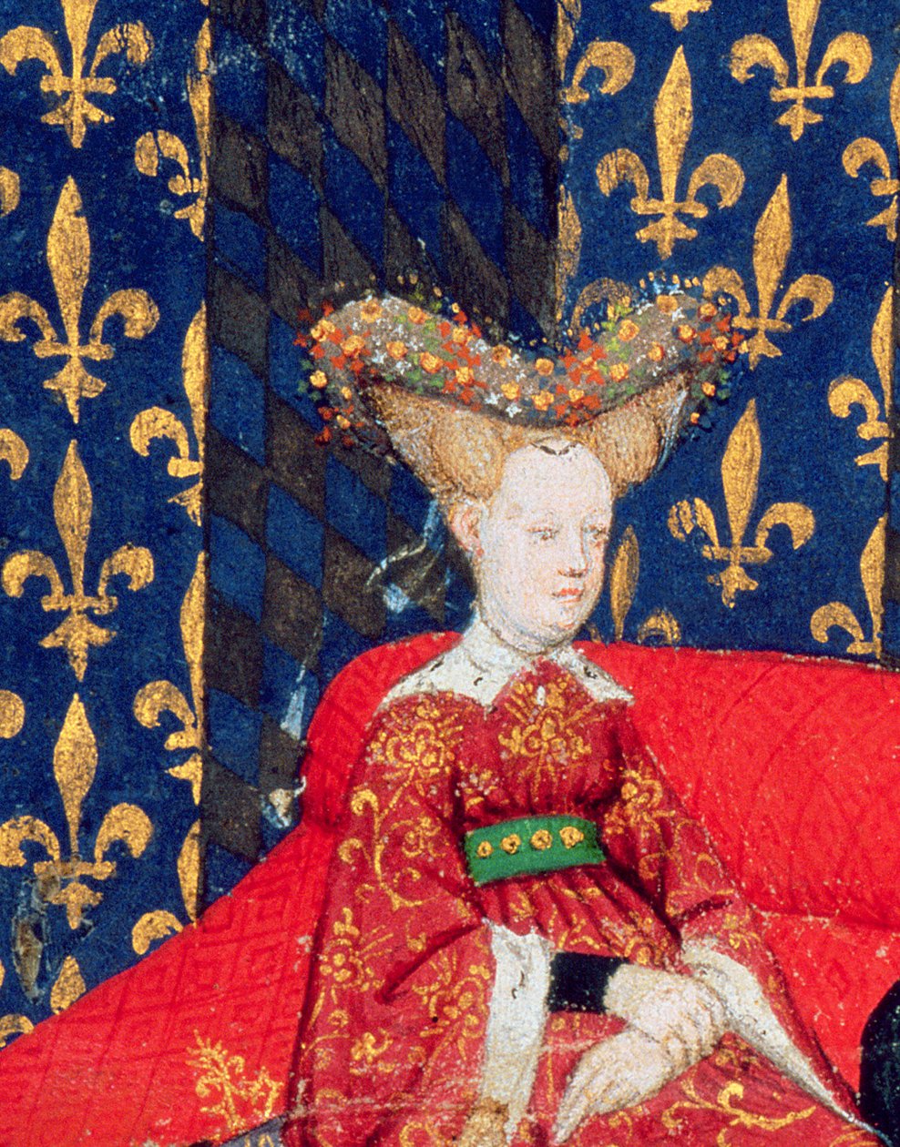 Harl 4431 fol.3 Isabeau av Bayern, dronning av Frankrike (1371-1435), fra diktene til Christine de Pisan, ca. 1410-15 (vellum) (detalj av 53284) av Master of the Cité des Dames