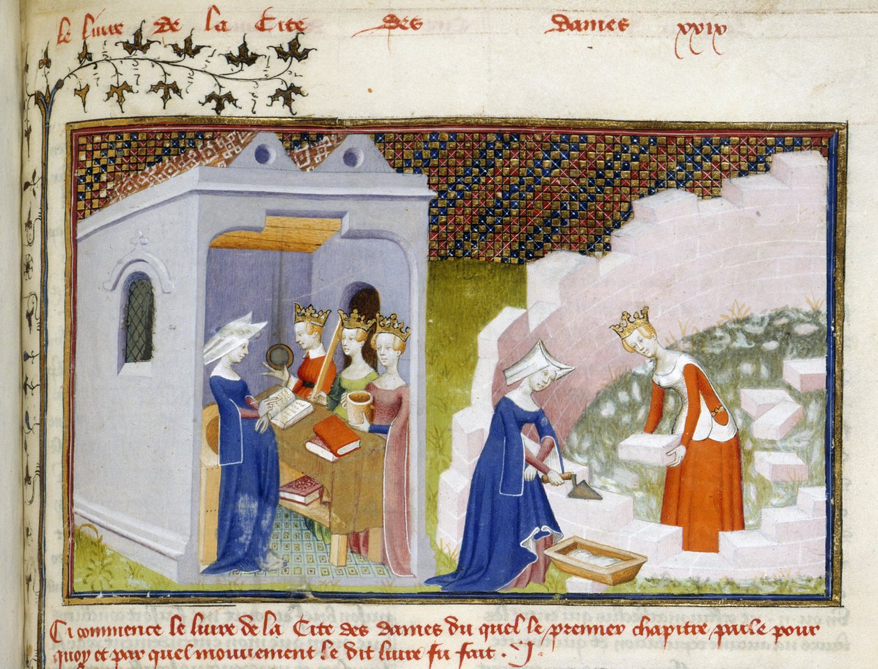 Harley 4431, f.290, Detalj av en miniatyr av Christine før personifikasjonene av Reason, Rectitude and Justice og Christine with Reason bygger Cité des Dames (vellum) av Master of the Cité des Dames