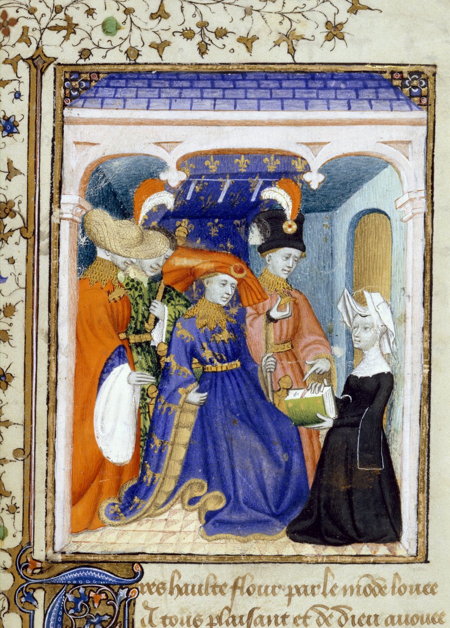 Harley 4431 f.95 Christine de Pisan presenterer boken sin til Louis av Orleans, illustrasjon fra 