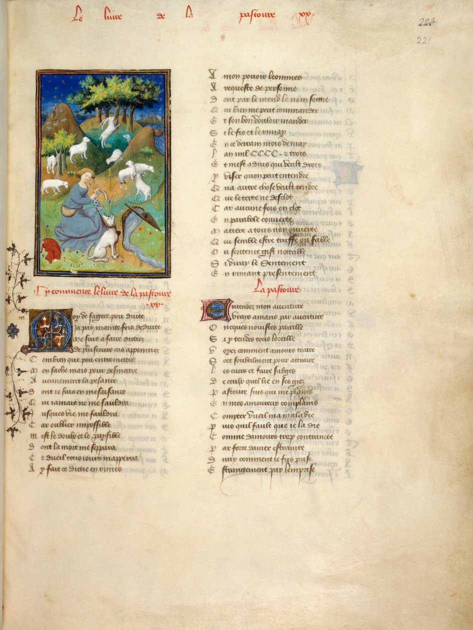 Harley 4431, fol.221 Shepherdess ser på flokken hennes, fra Le Dit de la Pastoure, fra 