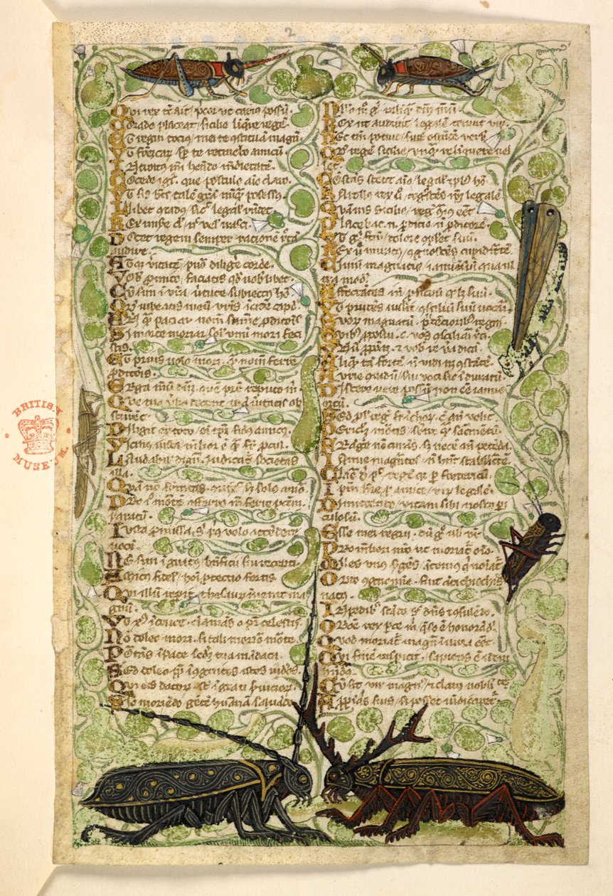 Legge til. 28841, f.2: Hornbiller, sirisser og locus.  Avhandling om dyder og laster, og en anonym prosahistorie på Sicilia (fragment)  Cocharelli av Master of the Cocharelli Codex