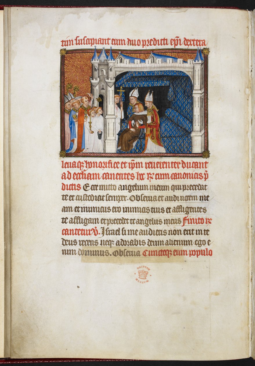 Cotton Tiberius B.VIII f.44v Biskopene av Reims og Beauvais oppdrar kongen fra thalamus, fra 