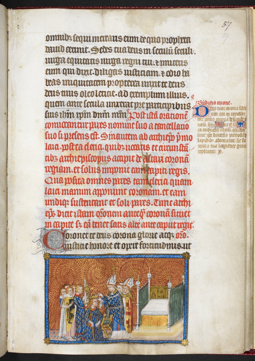 Cotton Tiberius B.VIII f.59 Erkebiskopen av Reims setter kronen på kongens hode, fra 'The Coronation Book of Charles V, King of France' av Master of the Coronation Book of Charles V