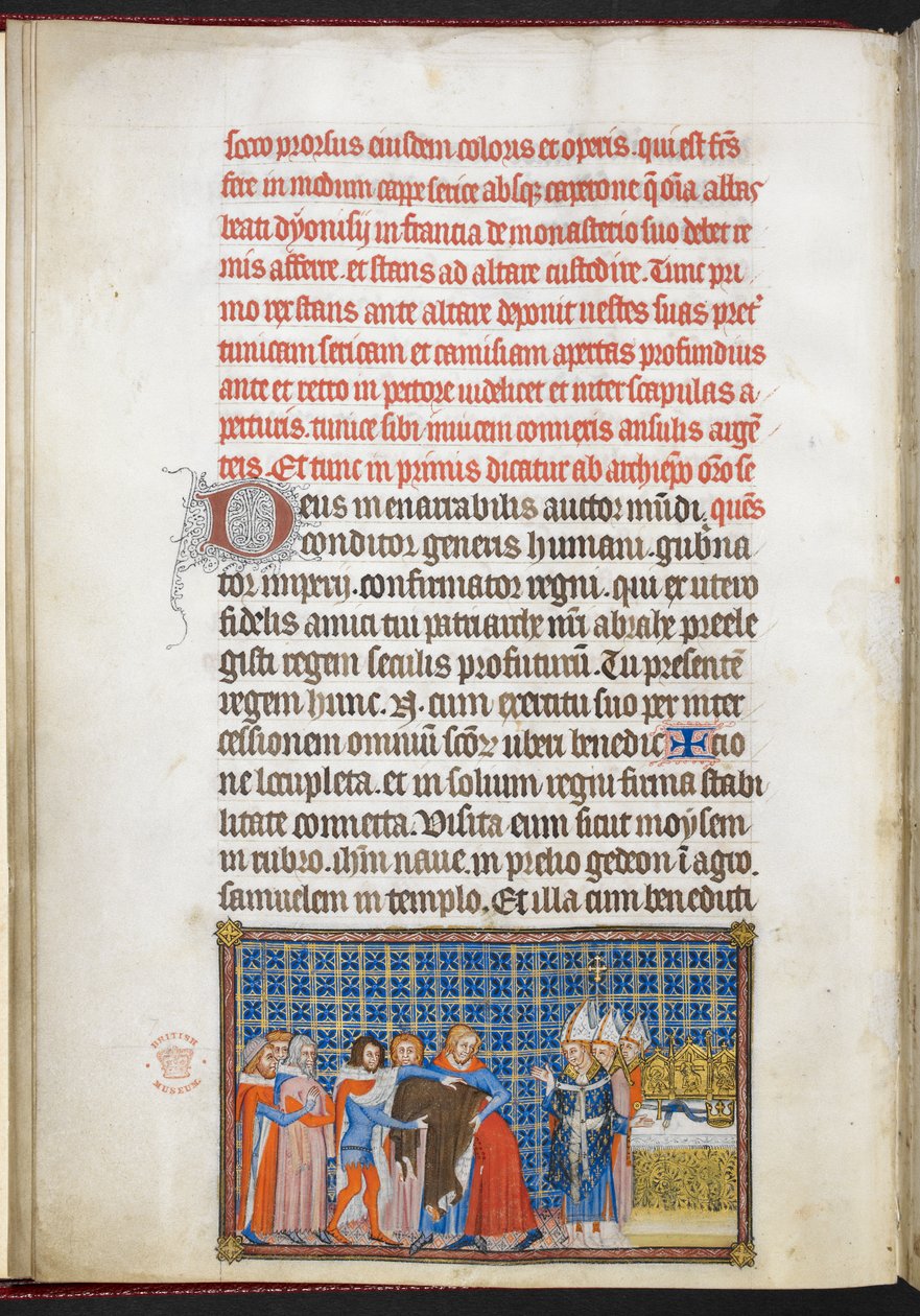Cotton Tiberius B. VIII f.47v Kongen fjerner ytterplaggene sine, illustrasjon fra 