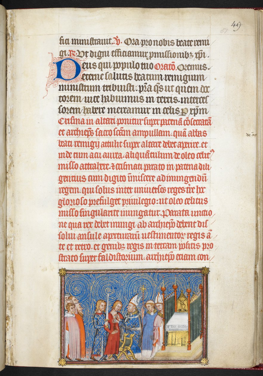 Cotton Tiberius B. VIII f.51r, Erkebiskopen av Reims løsner kongens tunika, fra 