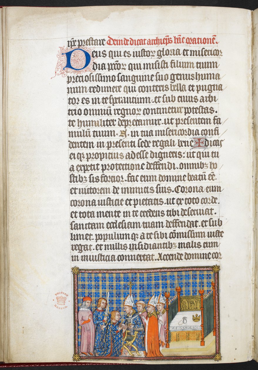 Cotton Tiberius B. VIII f.55v Kongen mottar håndsalven, fra 