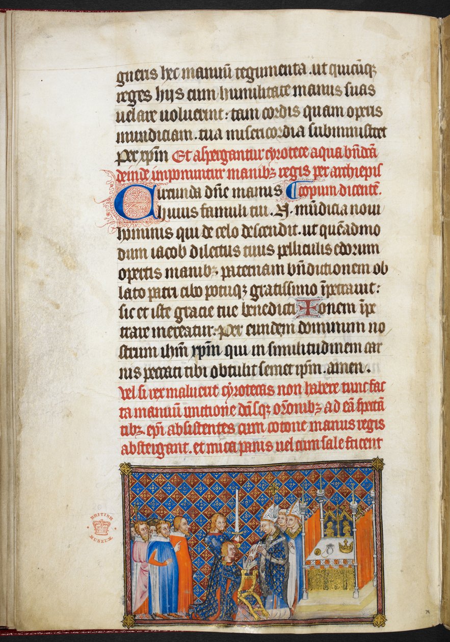 Cotton Tiberius B. VIII f.56v, Erkebiskopen av Reims legger hanskene på kongens hender, fra 