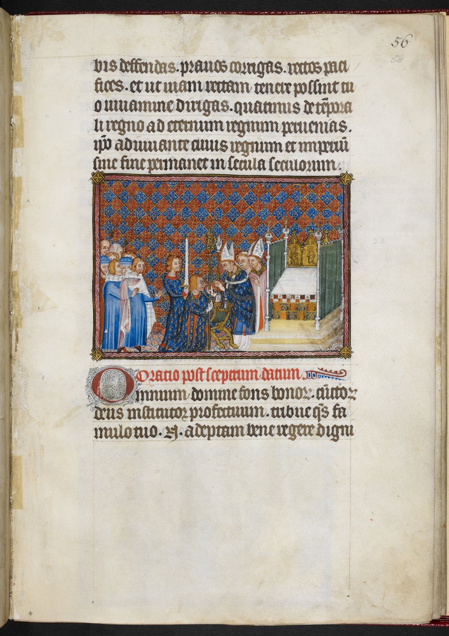 Cotton Tiberius B. VIII f.58r Kongen som mottar septeret og virgaen (