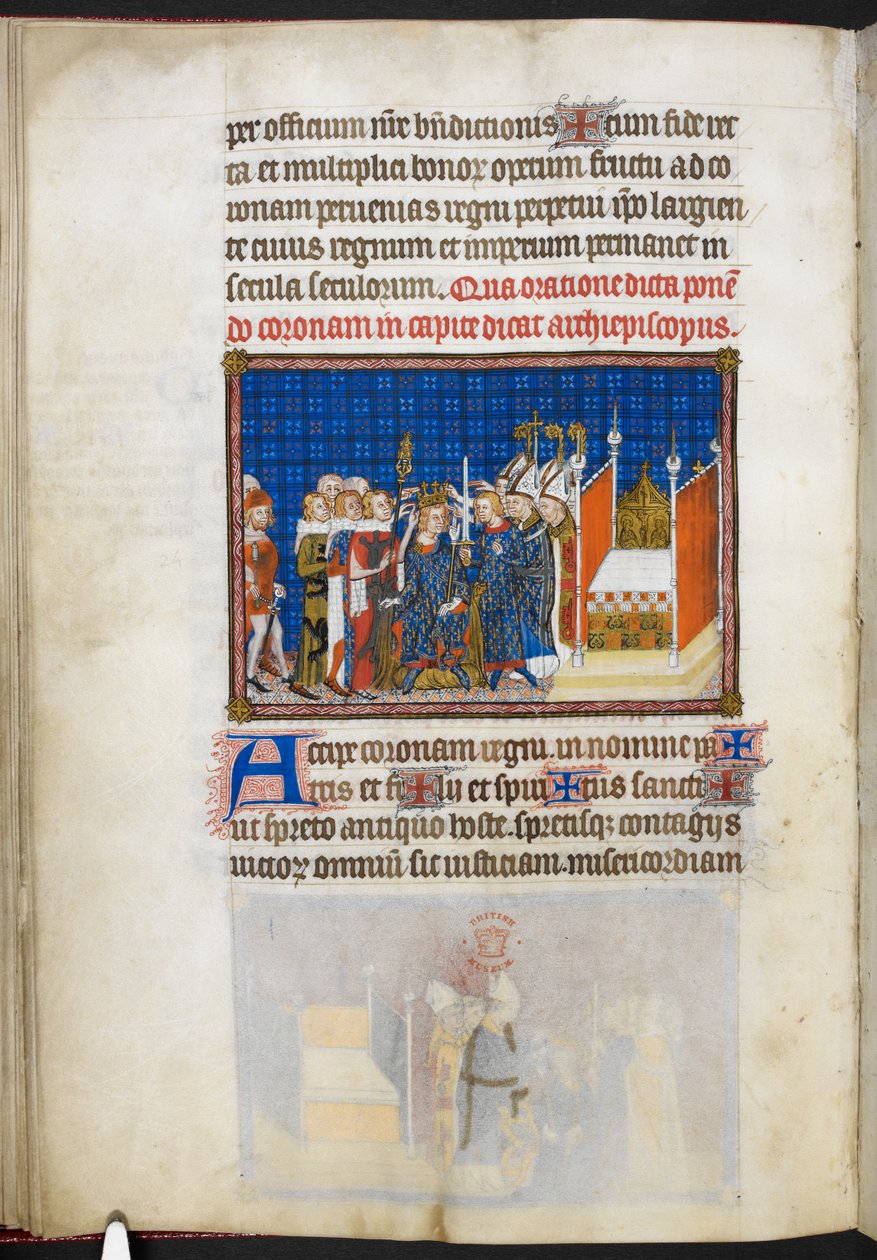 Cotton Tiberius B. VIII f.59v The Peers of France som opprettholder kronen, illustrasjon fra 