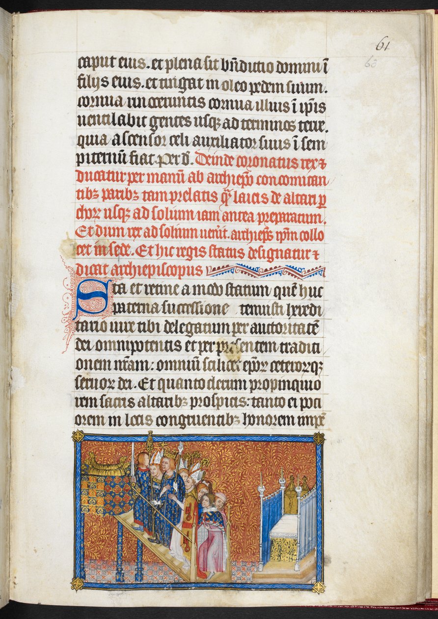 Cotton Tiberius B. VIII f.63r The Peers of France som leder kongen til tronen på solium, fra 'The Coronation Book of Charles V, King of France' av Master of the Coronation Book of Charles V