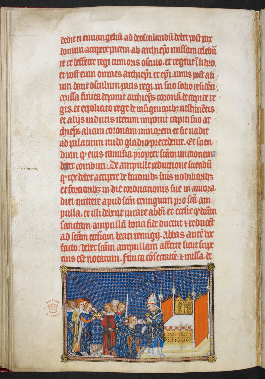 Cotton Tiberius B. VIII f.65v Kong Charles V kneler mens erkebiskopen av Rheims legger nattverdskiven i munnen hans, illustrasjon fra 