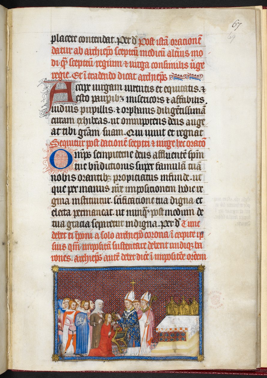 Cotton Tiberius B. VIII f.69r Dronningen mottar septeret og virgaen, fra 