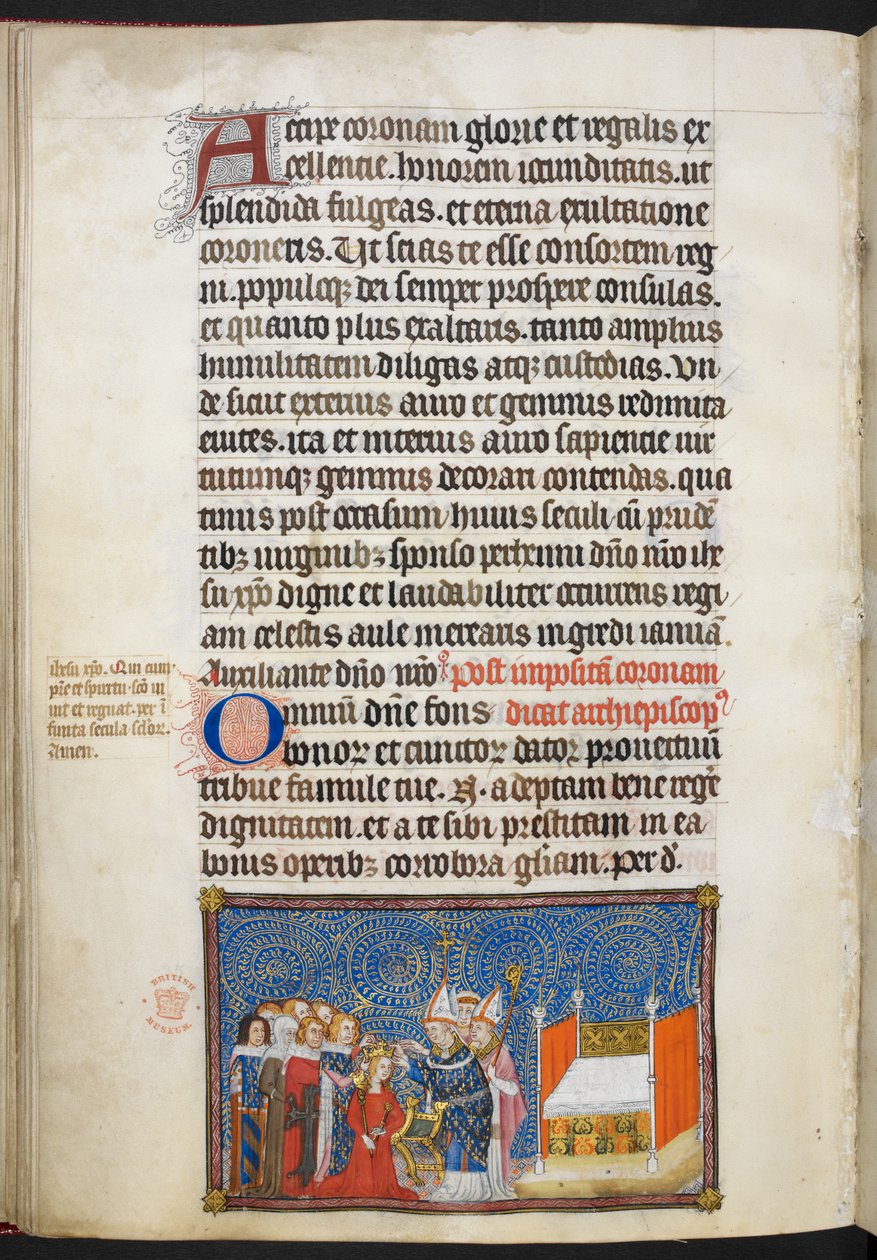 Cotton Tiberius B. VIII f.69v Erkebiskopen av Reims setter kronen på dronningens hode og baronene opprettholder kronen hennes, illustrasjon fra 'Kronningsboken til Charles V, kongen av Frankrike' av Master of the Coronation Book of Charles V