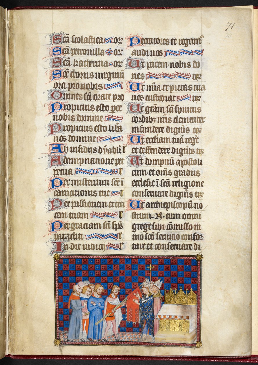 Cotton Tiberius B. VIII f.73r, Erkebiskopen av Reims velsigner Oriflamme, illustrasjon fra 