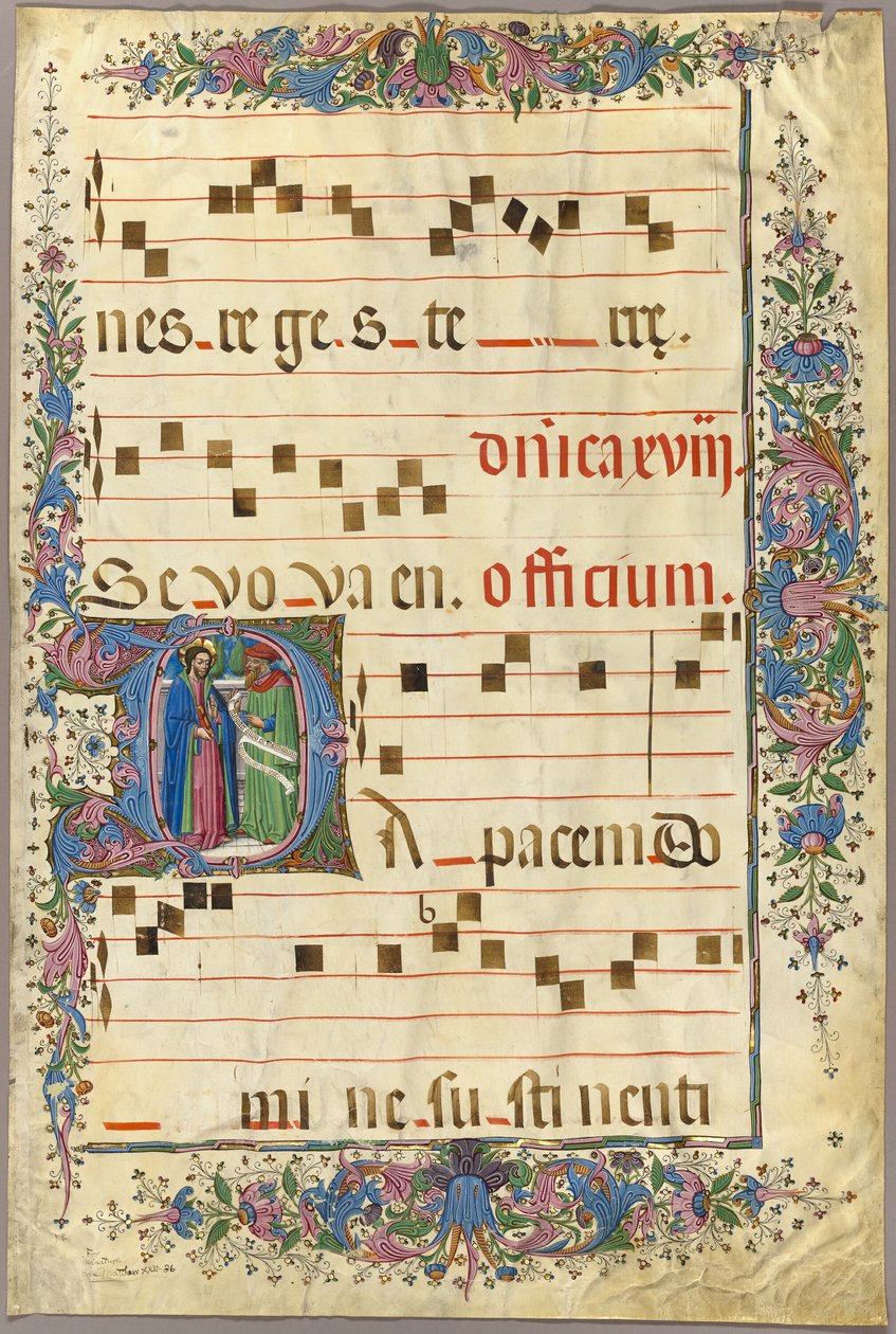 Side fra en korbok med Kristus og en fariseer i en historisk initial "D" av Master of the Cypresses