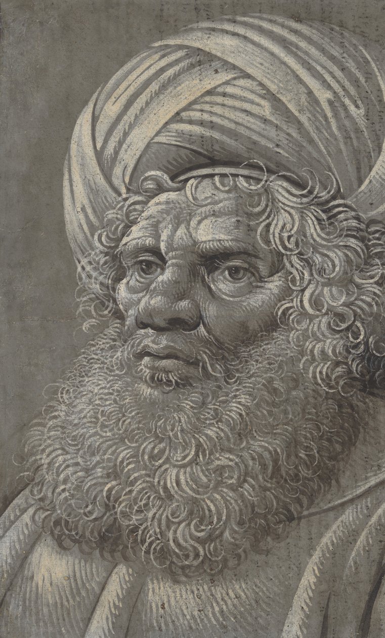 Hodet til en skjeggete mann iført en turban recto, latinsk skrift verso, ca. 1510. av Master of the Death of Absalom