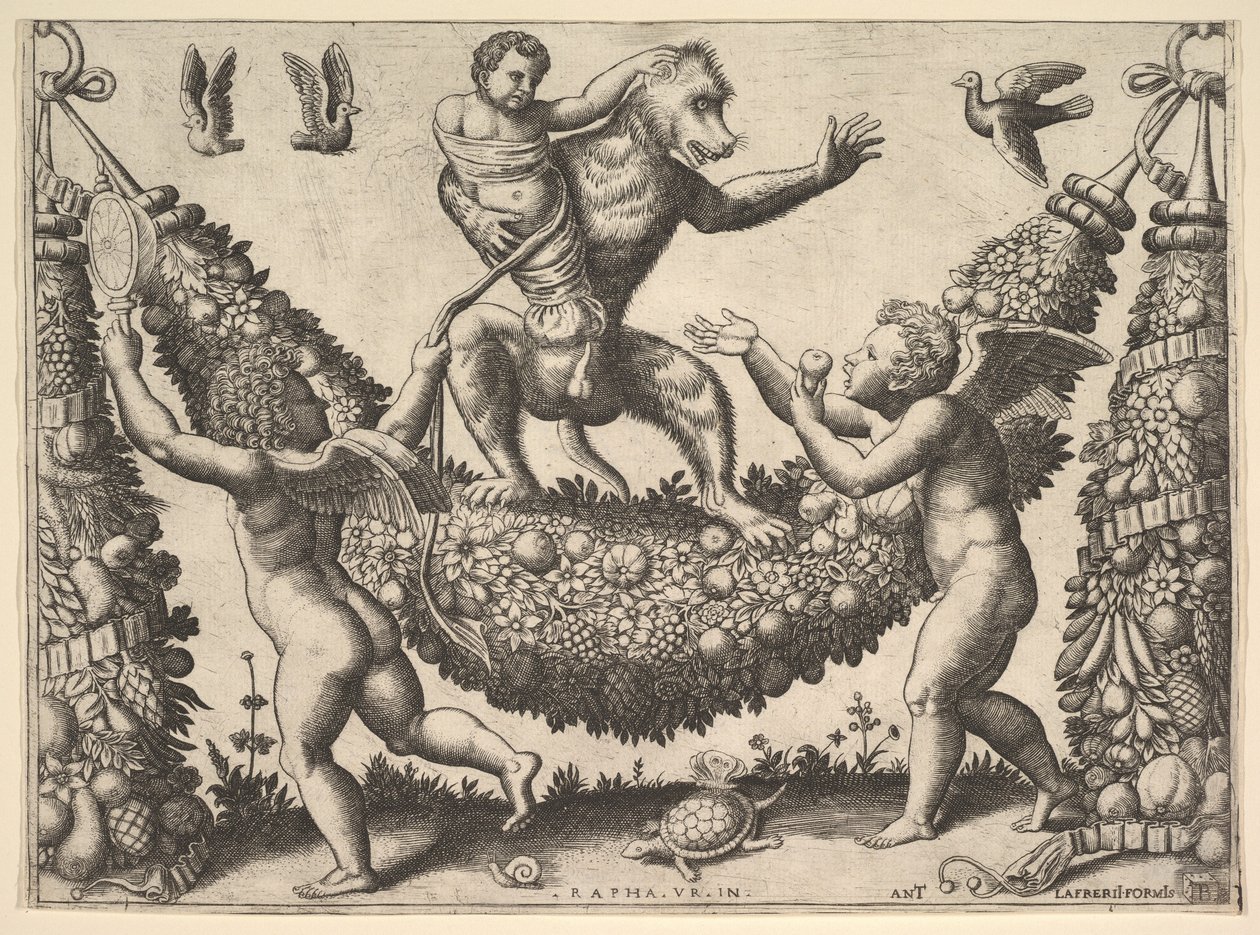 En ape som holder en bundet putto stående på en krans foran som er to bevingede p..., 1530-60. av Master of the Die
