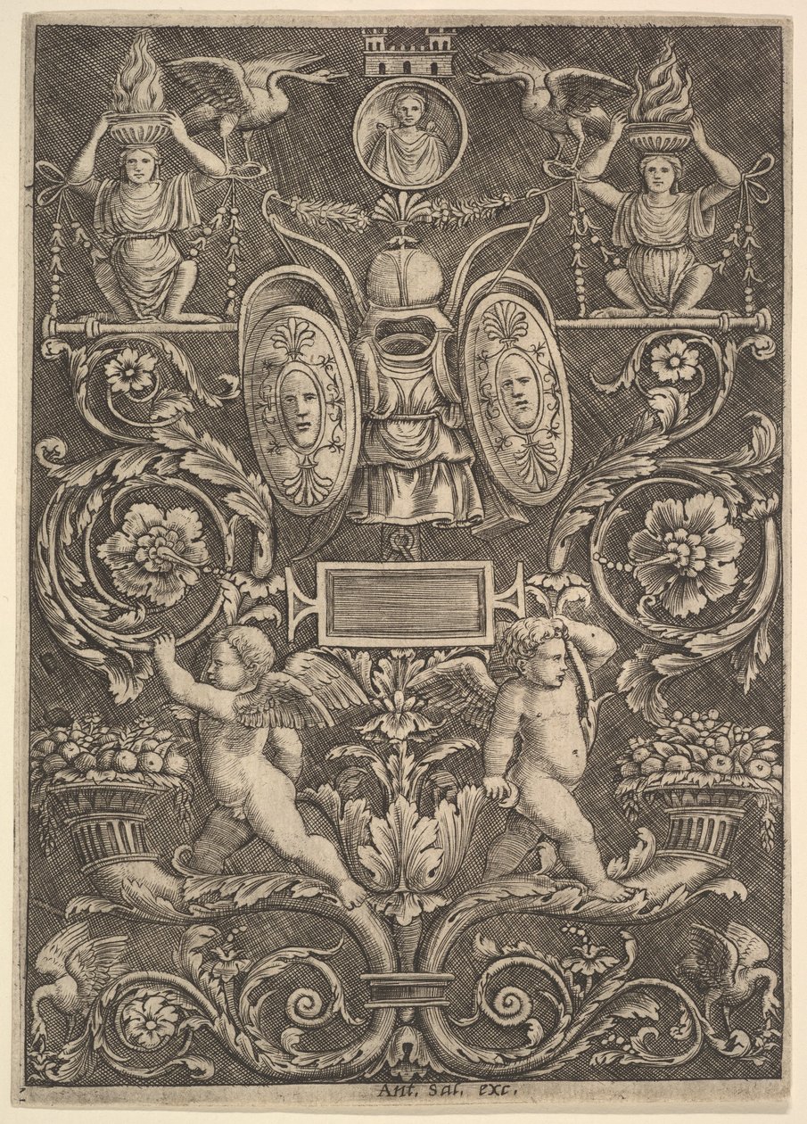 Et panel av ornament, putti stående på overflødighetshorn i nedre del, 1530-60. av Master of the Die