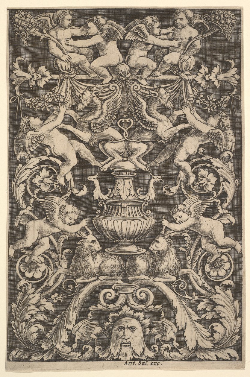 Et panel av ornament med putti, geit og andre figurer, 1530-60. av Master of the Die