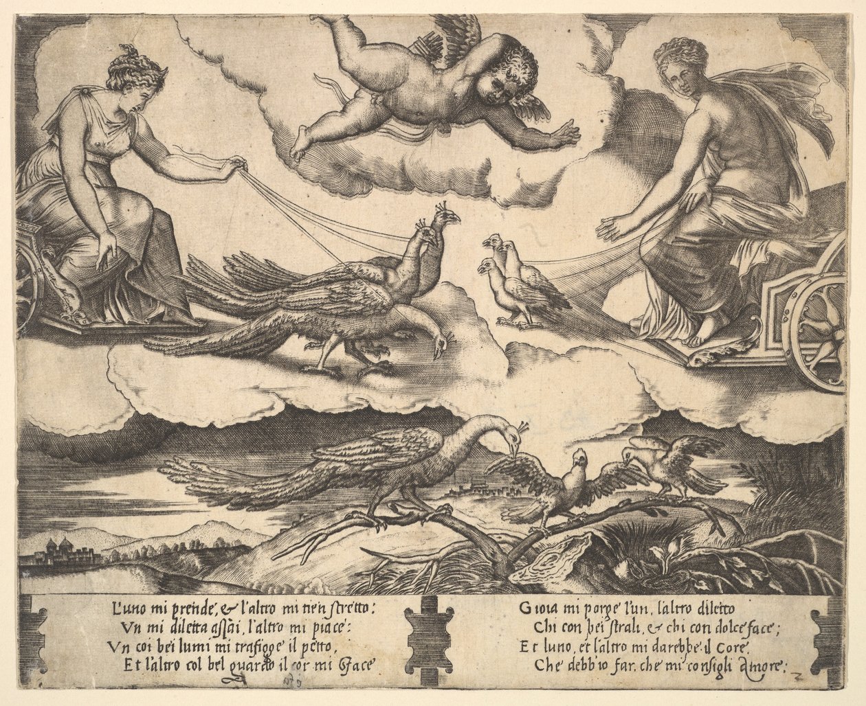 Allegory of Marriage and Love, Juno i en vogn trukket av påfugler til venstre, Venus i en ..., 1530-60. av Master of the Die