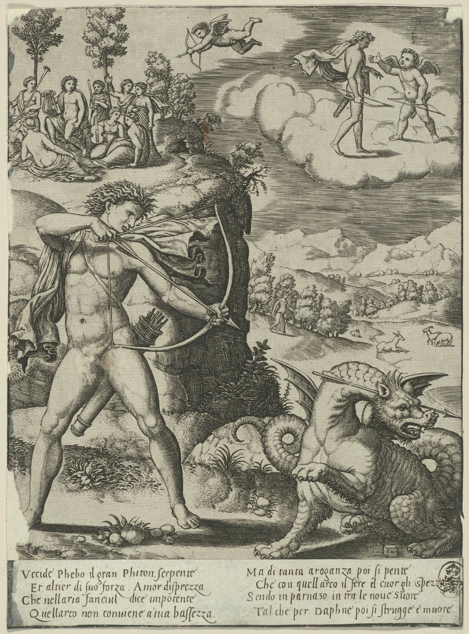 Apollo Slaying Python, plate en fra The History of Apollo and Daphne av Master of the Die