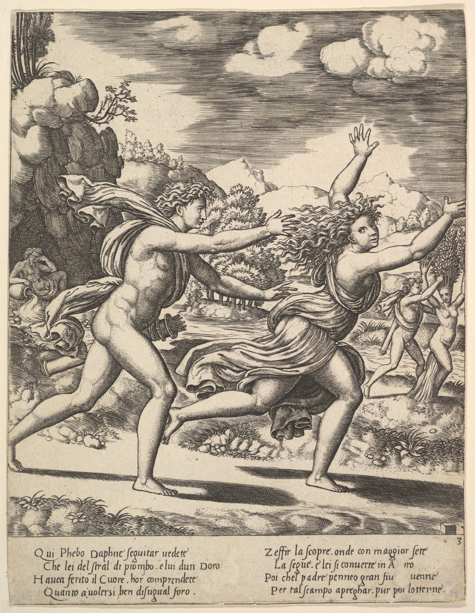Apollo jager Daphne som slår opp med armene, i bakgrunnen til høyre viser moren..., 1530-60. av Master of the Die