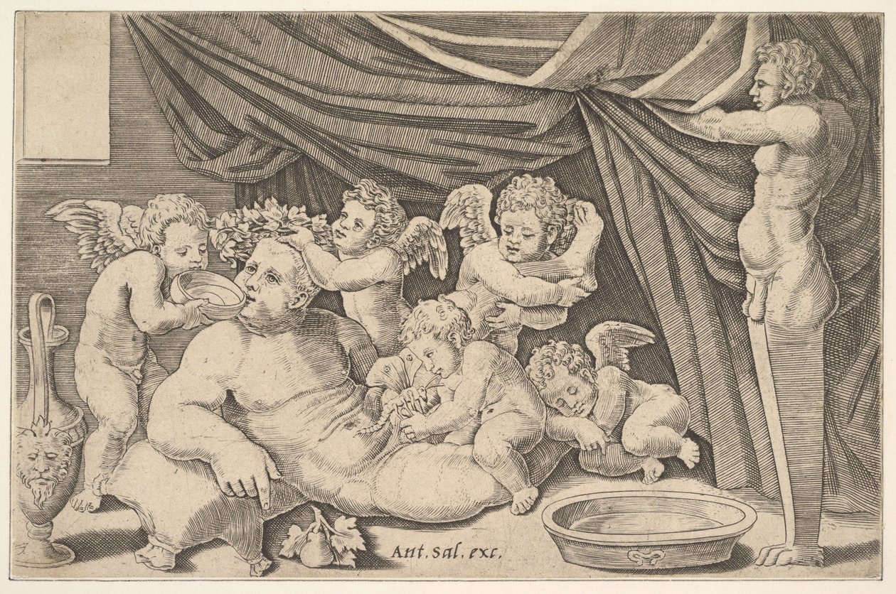 Bacchus omgitt av Putti, en statue av Priapus til høyre, 1530-60. av Master of the Die