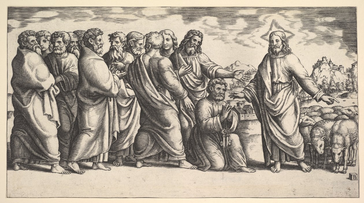 Kristus står til venstre og viser til en flokk sauer, foran ham kneler St. Peter hol..., 1530-60. av Master of the Die