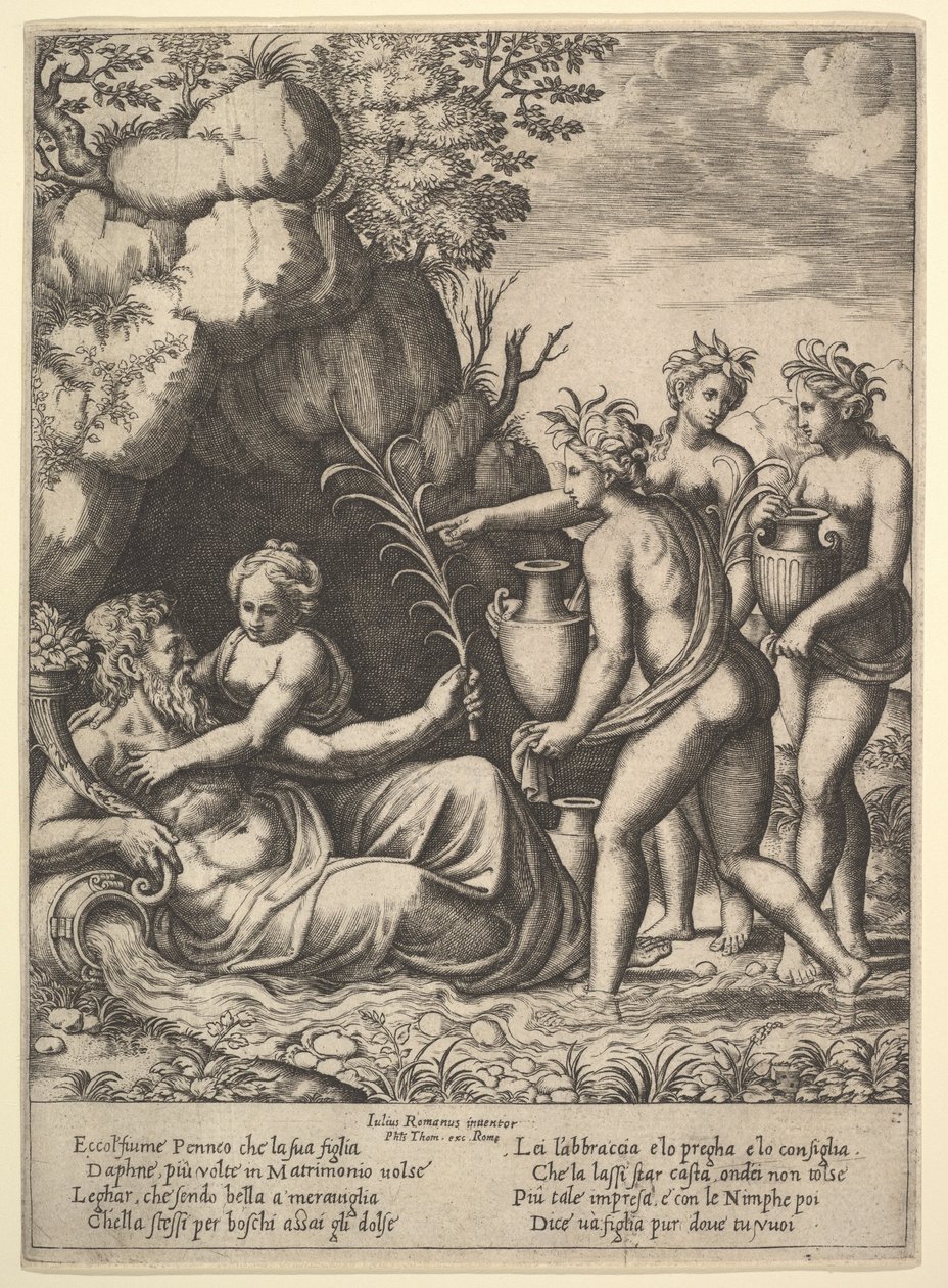 Daphne omfavner sin far, elveguden Peneus, til venstre bringer tre nymfer krukker ..., 1530-60. av Master of the Die
