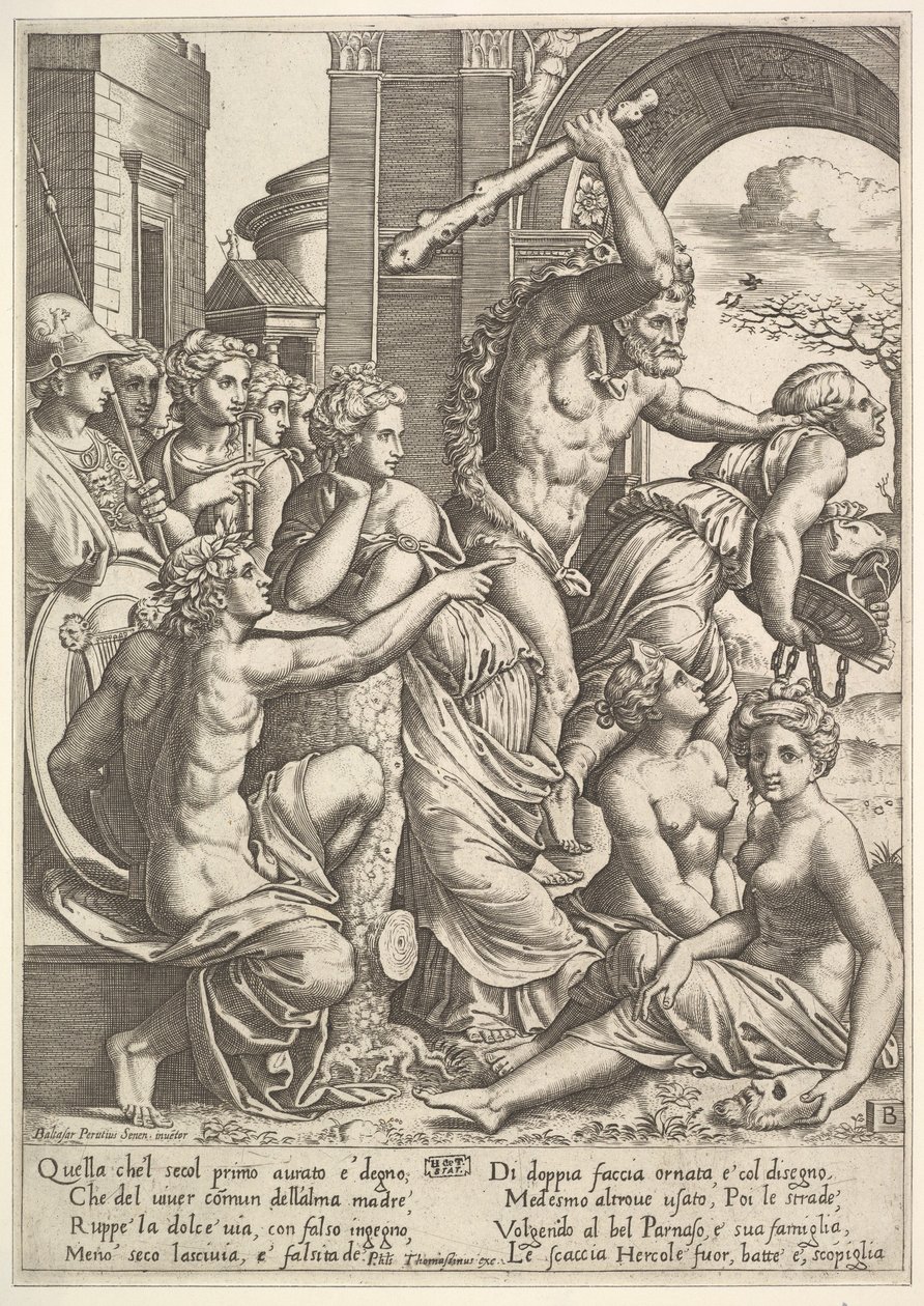 Misunnelse eller grådighet til høyre blir drevet fra musenes tempel av Hercules som ..., 1530-60. av Master of the Die