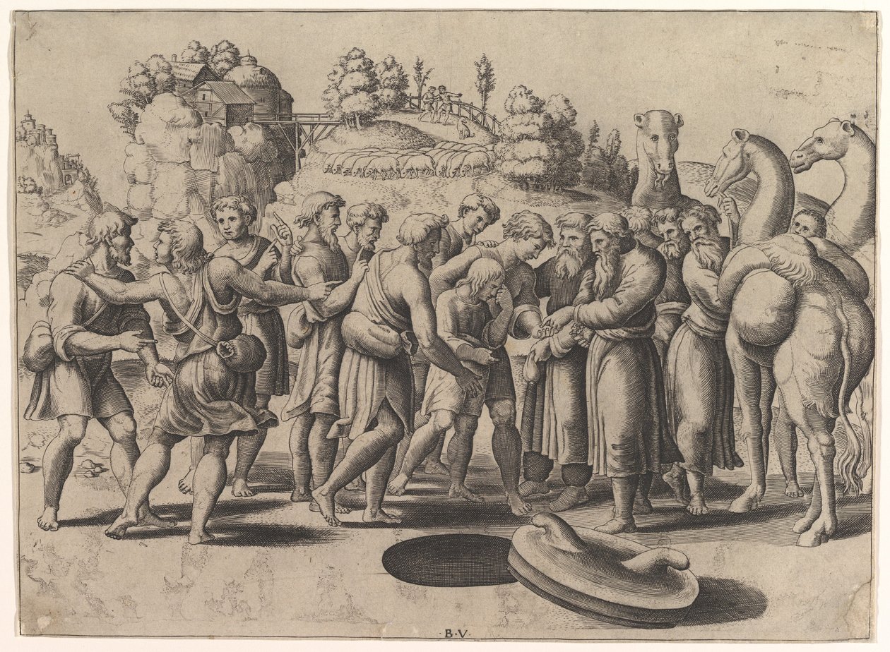 Joseph i sentrum ble solgt av brødrene hans som sto over en brønn, kameler til høyre, 1533. av Master of the Die
