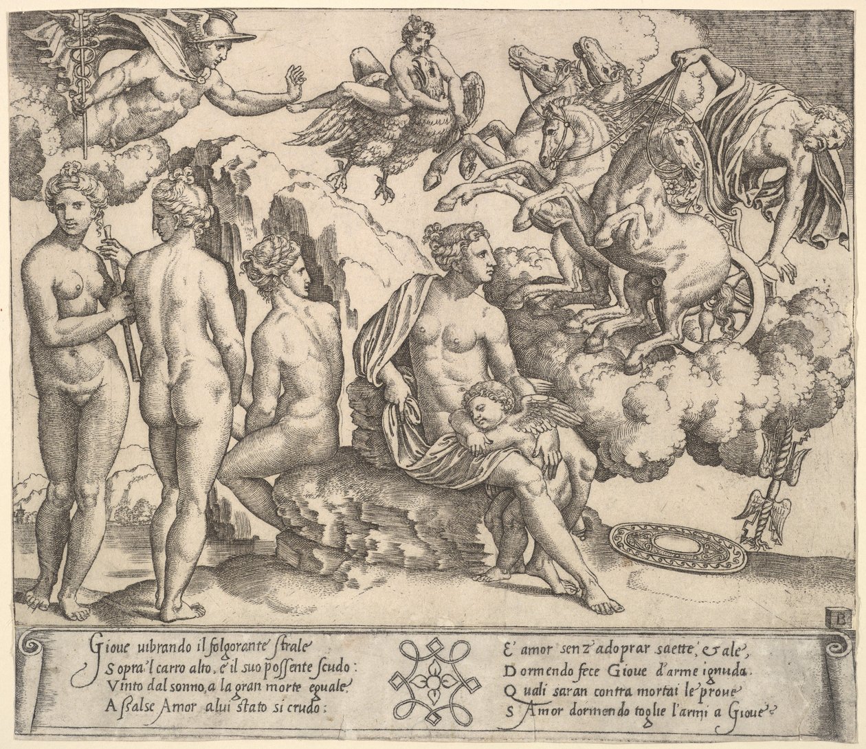 Jupiter velter fra en hestevogn til høyre, Ganymedes i form av en ørn..., 1530-60. av Master of the Die