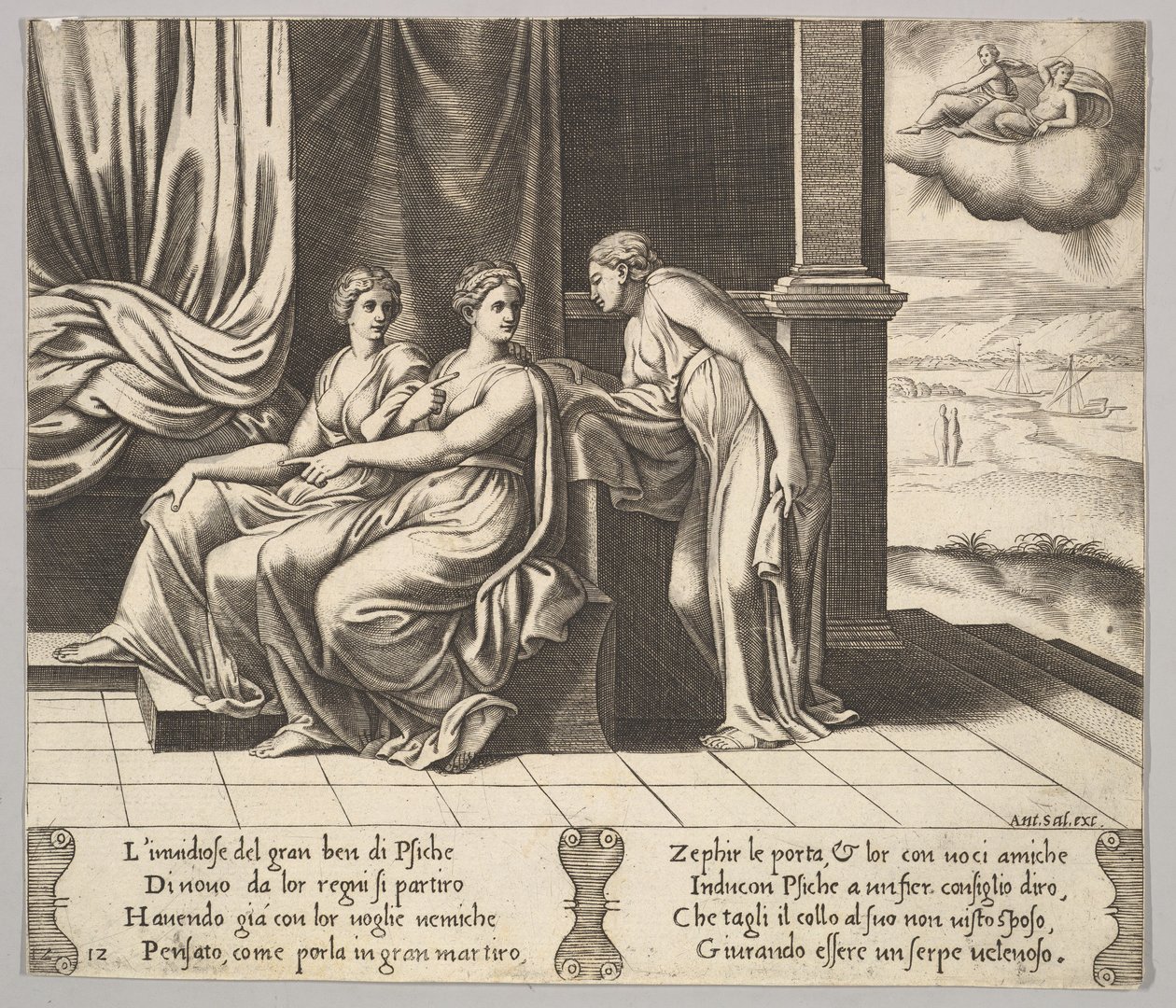 Plate 12: Psyches søstre overtaler henne at en slange ligger med henne, fra 