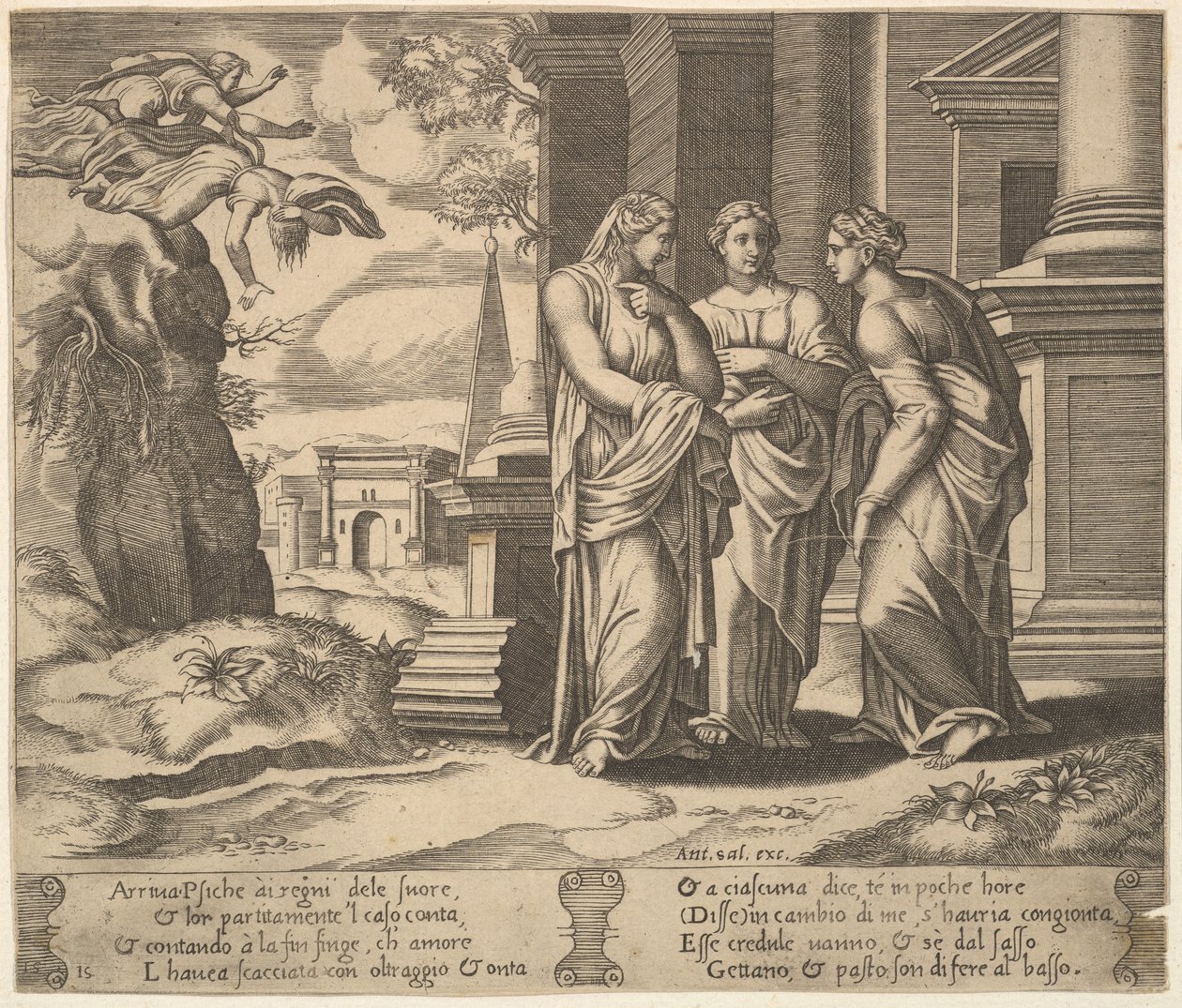 Plate 15: Psyche som forteller sine ulykker til søstrene sine, fra The Fable of Psyche, 1530-60. av Master of the Die