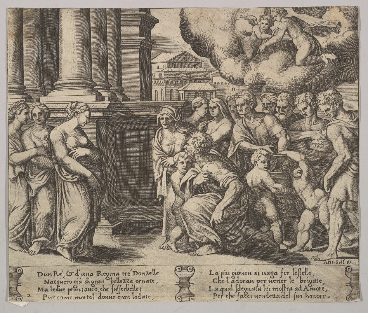 Plate 2: menneskene som gir guddommelig ære til Psyche, fra 'The Fable of Psyche', 1530-60. av Master of the Die