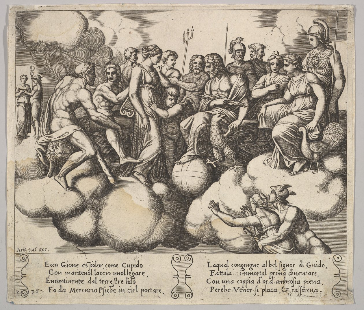 Plate 30: Venus og Amor tar sin sak i nærvær av Jupiter og andre guder..., 1530-60. av Master of the Die