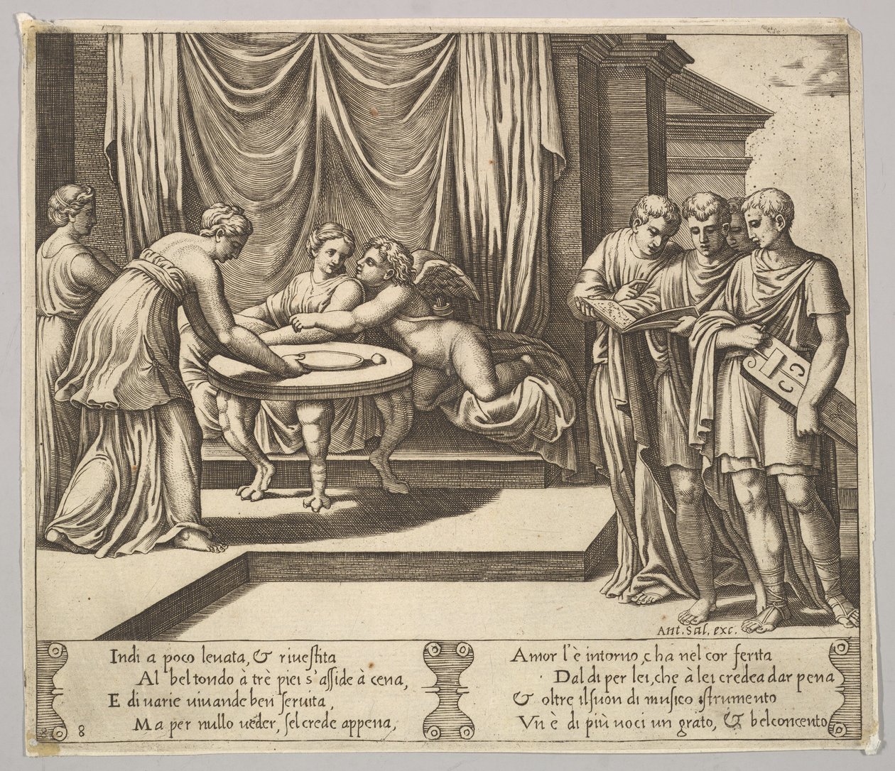Plate 8: Psyche satt ved et bord og deltatt av usynlige tjenere, Eros ved siden av g..., 1530-60. av Master of the Die